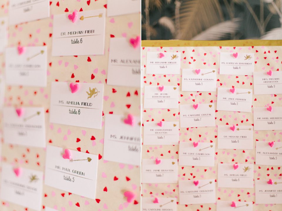 Guest place cards at Valentine's Day wedding
